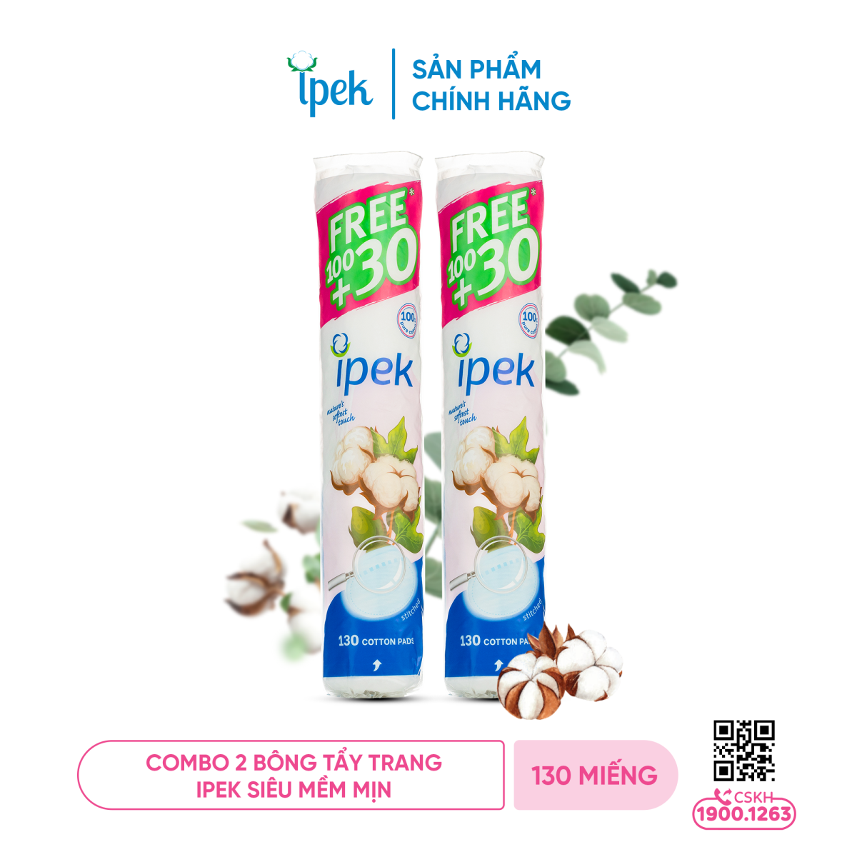 Combo 2 Bông tẩy trang Ipek siêu mềm mịn 130 miếng