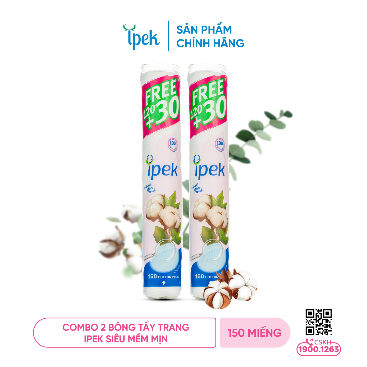 Combo 2 Bông tẩy trang Ipek siêu mềm mịn 150 miếng