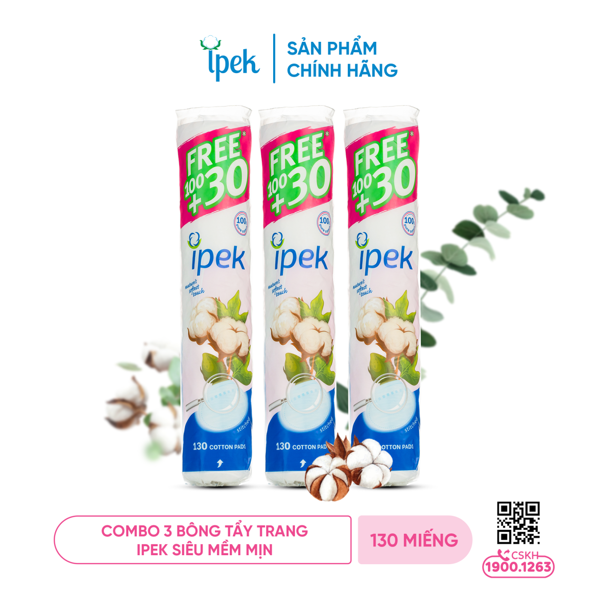 Combo 3 Bông tẩy trang Ipek siêu mềm mịn 130 miếng