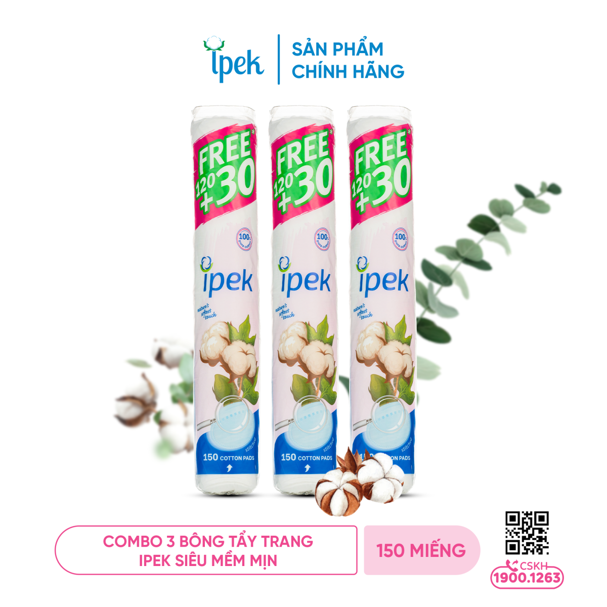 Combo 3 Bông tẩy trang Ipek siêu mềm mịn 150 miếng