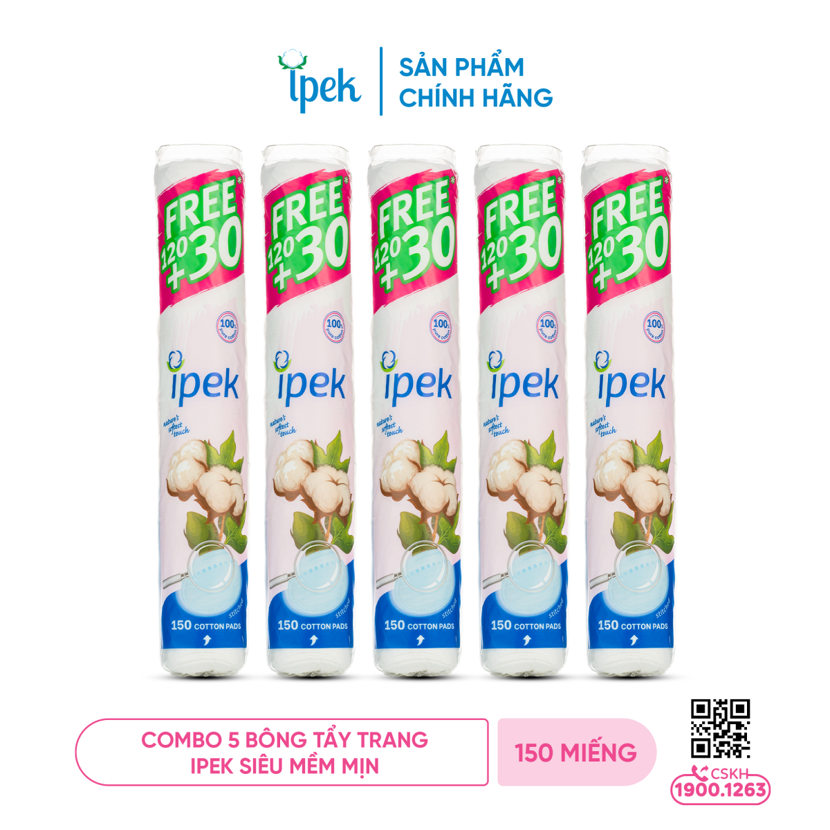 Combo 5 Bông tẩy trang Ipek siêu mềm mịn 150 miếng