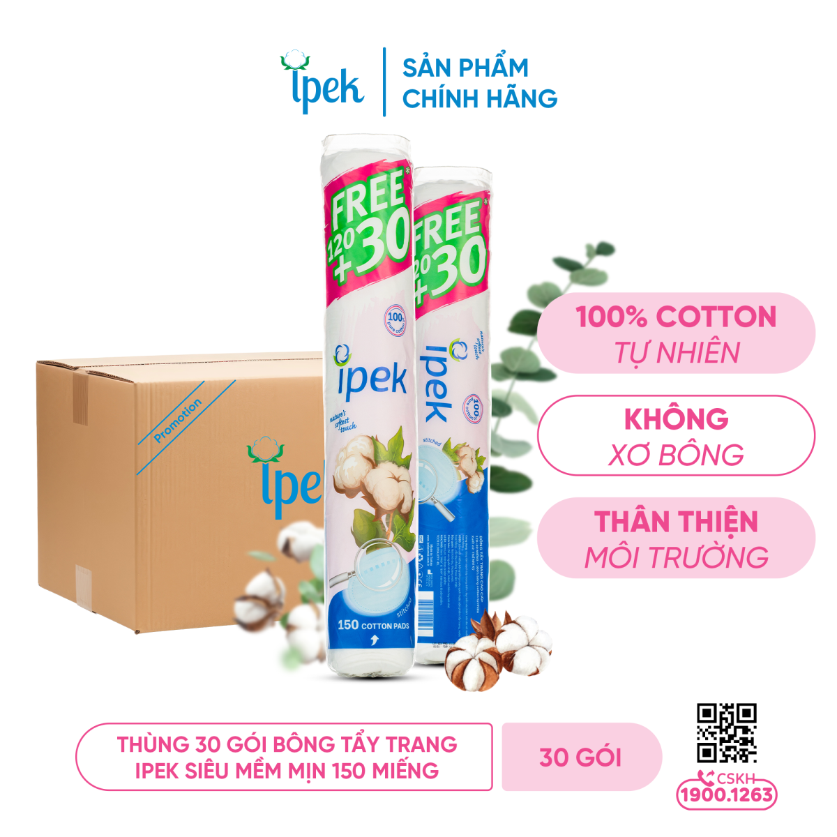Thùng 30 gói bông tẩy trang Ipek siêu mềm mịn 150 miếng